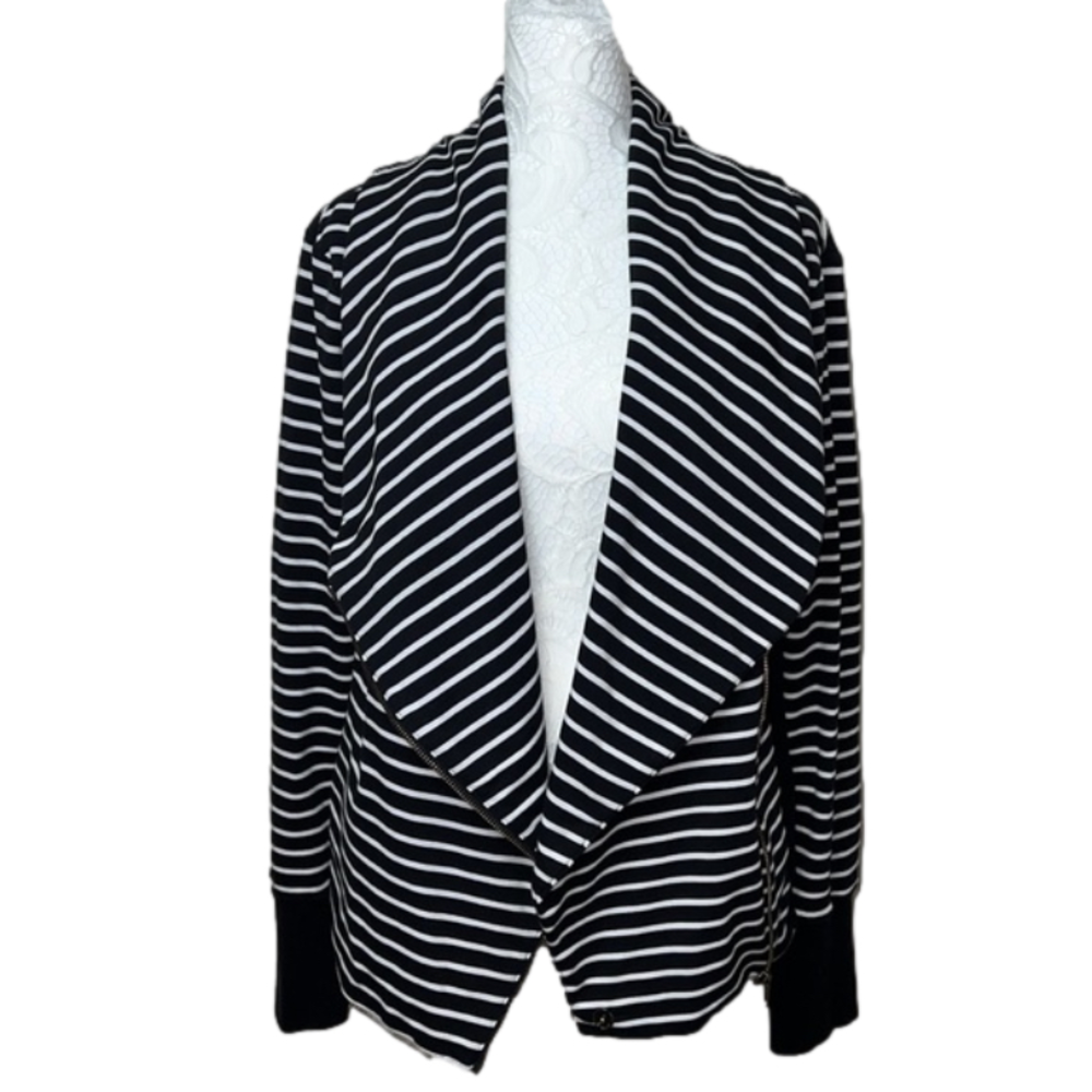 Caslon Black & White Striped Asymmetrical Moto Zip Up Lightweight Jacket- Sz XL